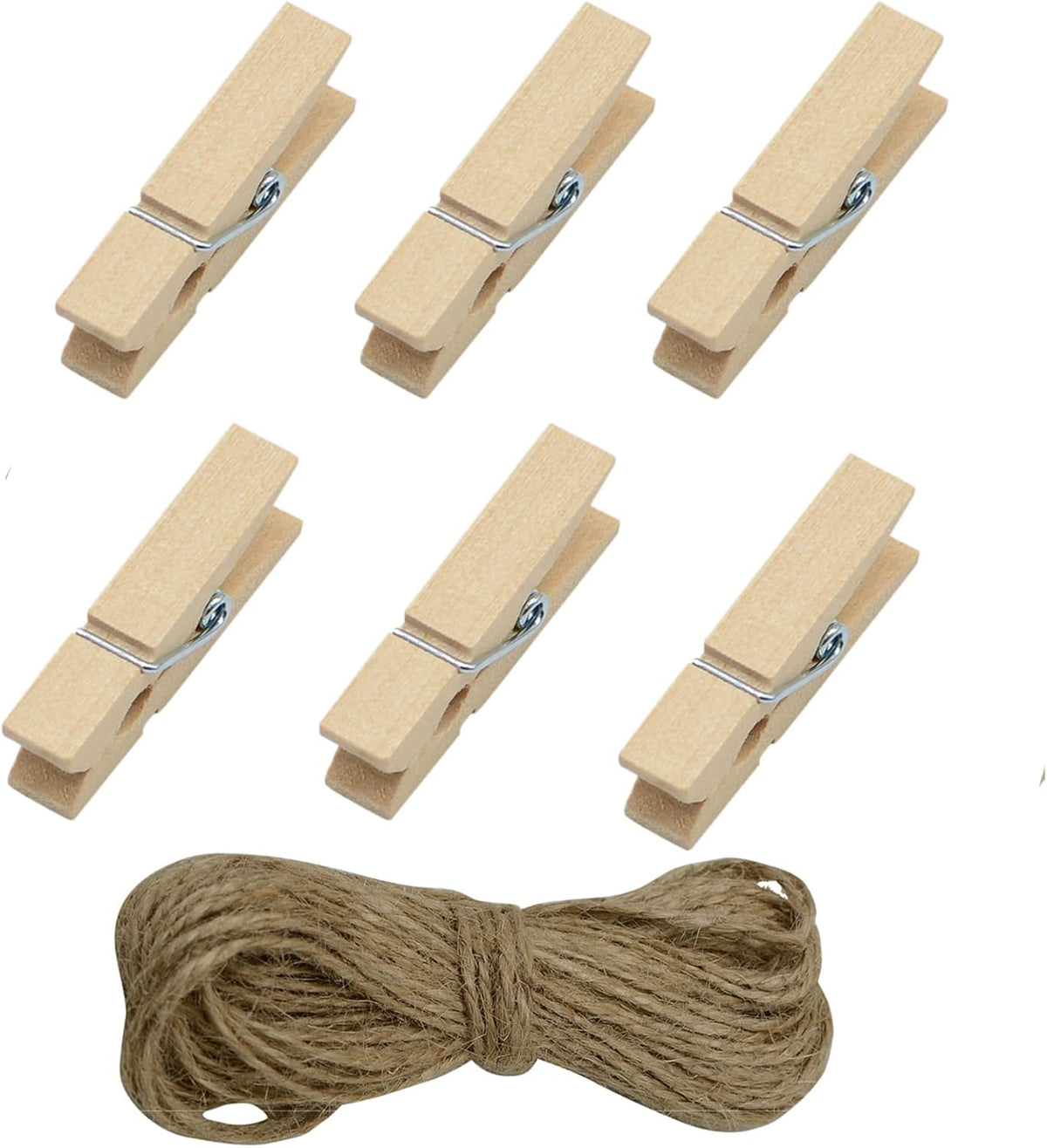 Alfileres madera 100 pzas 1.3pulg con cordel yute 33ft