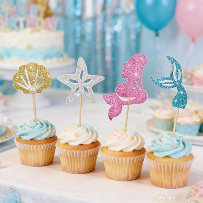 Set 28 Pzas Purpurina Sirena para Cupcakes Azul Amarillo