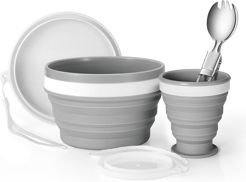 Set tazas silicona plegables camping con tenedor acero inox