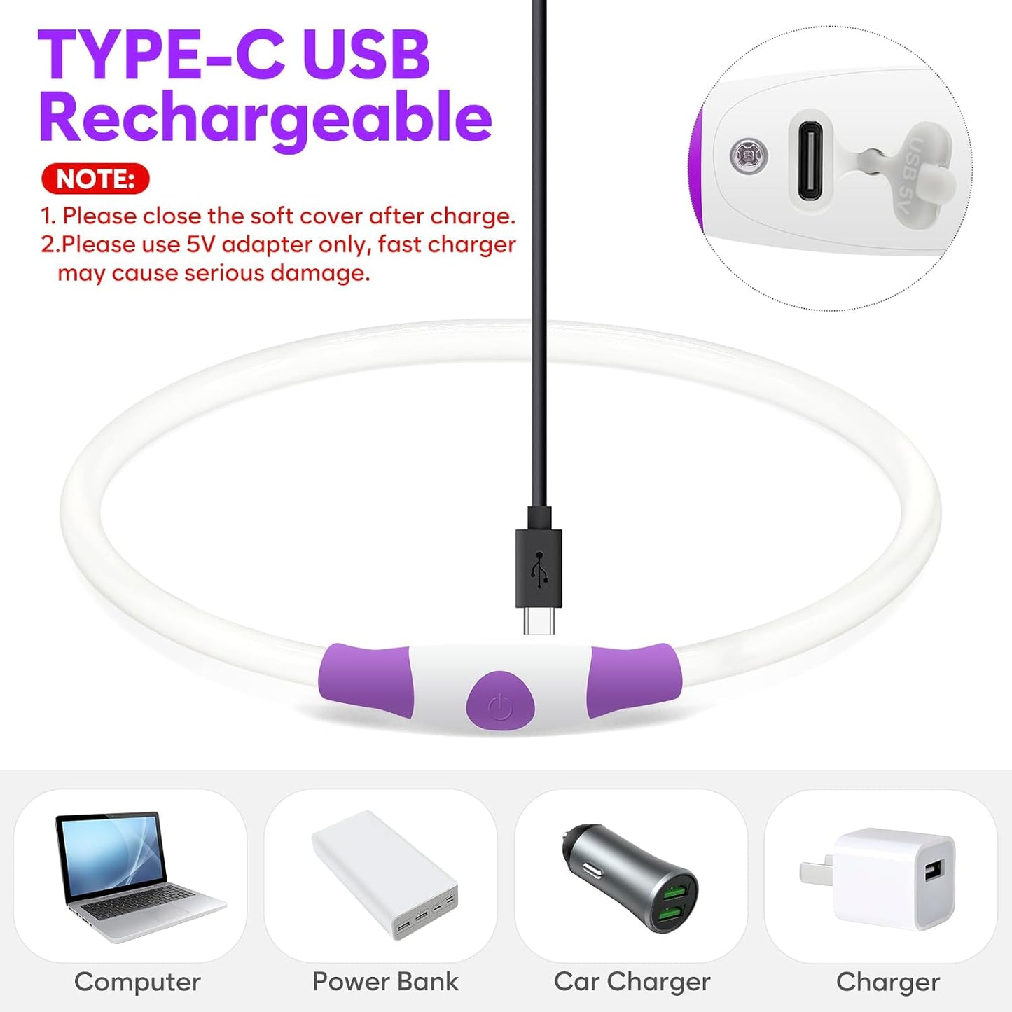 Collar perro con luz LED 3 modos TPU ajustable tipo C morado