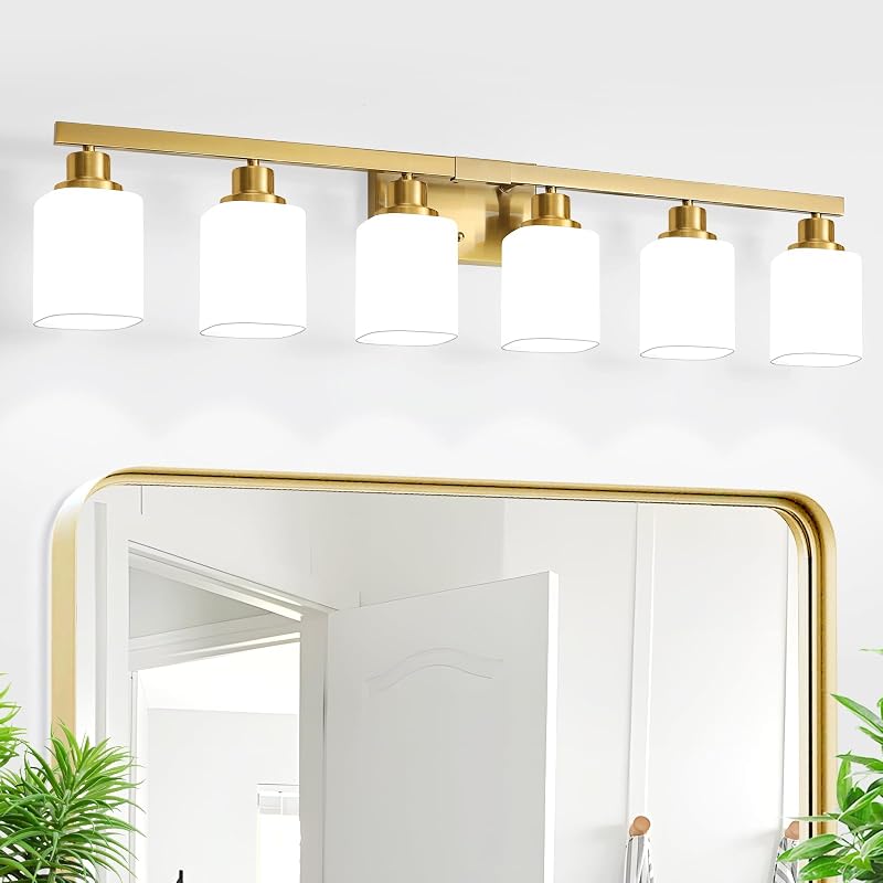 Lámpara baño 6 luces vidrio esmerilado aplique dorado