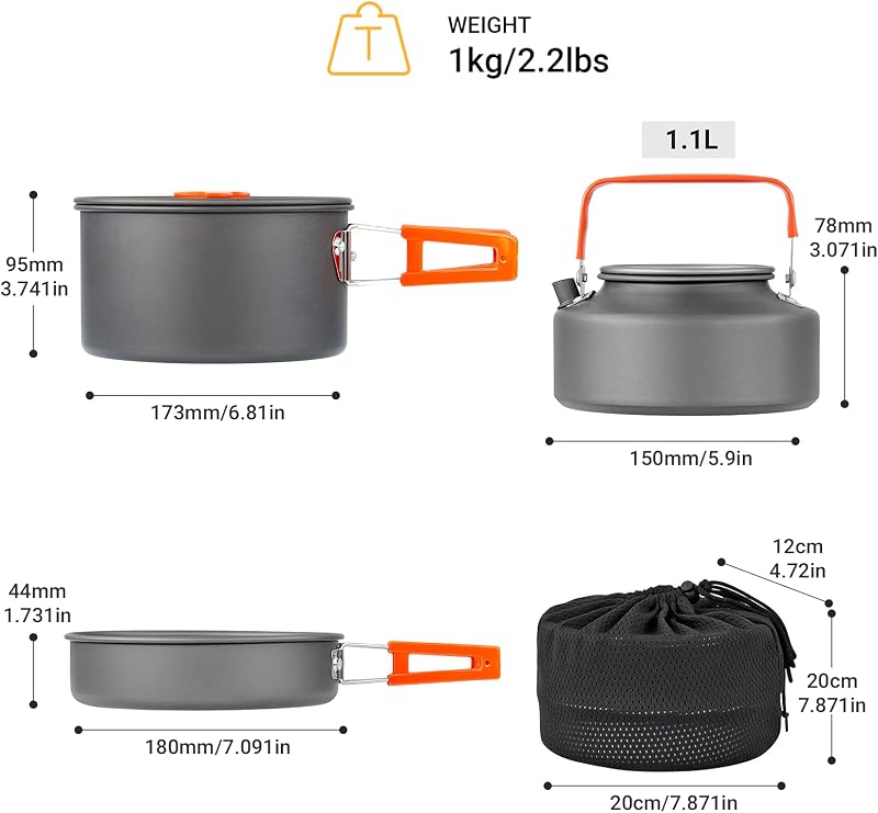 Set utensilios cocina aluminio anodizado plegables 2-3 personas gris