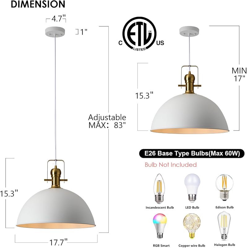 Luz colgante vintage 18" ajustable para cocina industrial