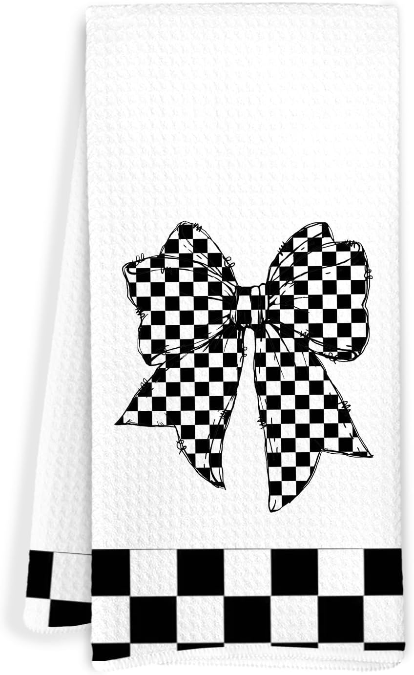 Toallas cocina con lazo cuadros blanco negro 16x24pulg