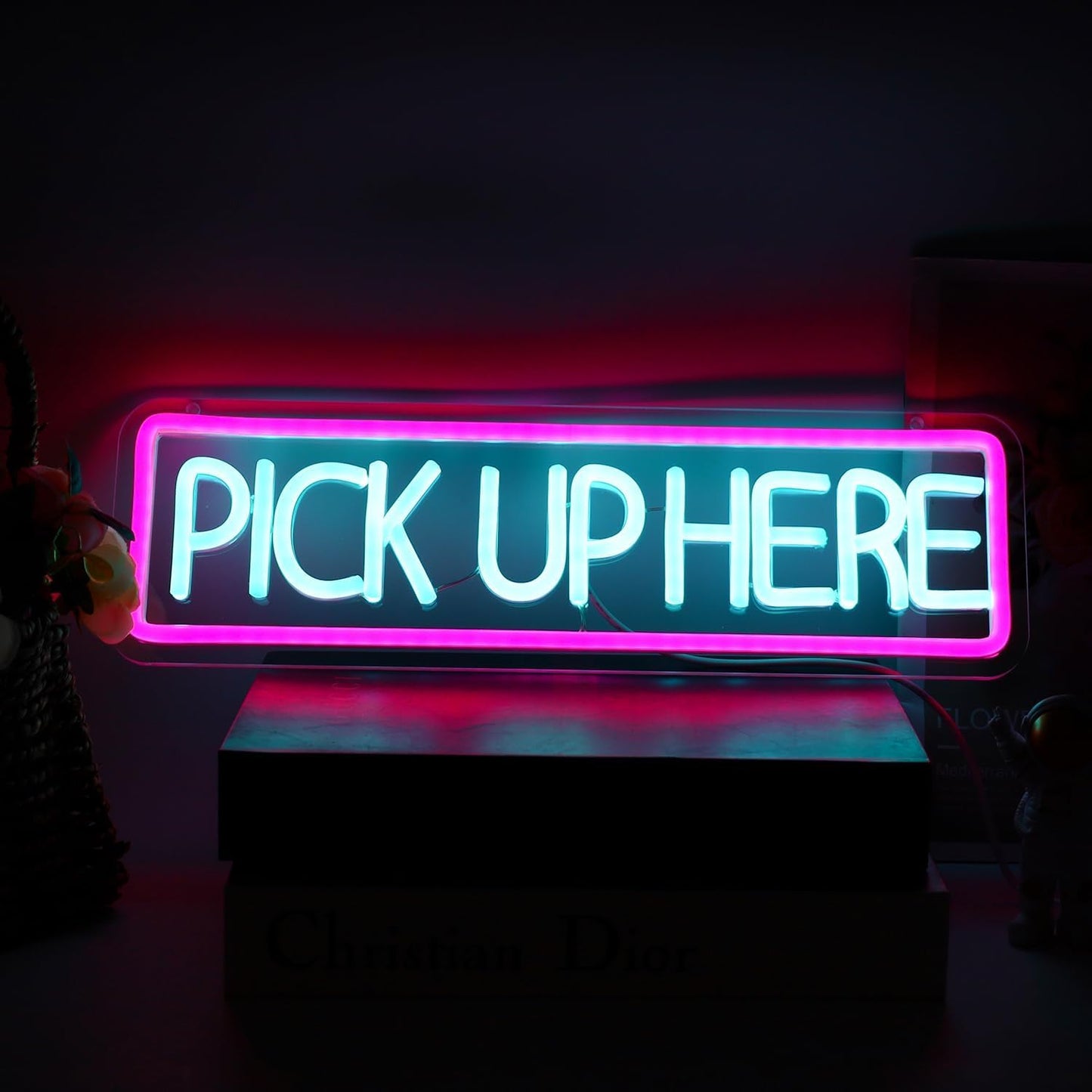 Letrero neón LED 15.7x4.7pulg azul hielo y rosa para tienda