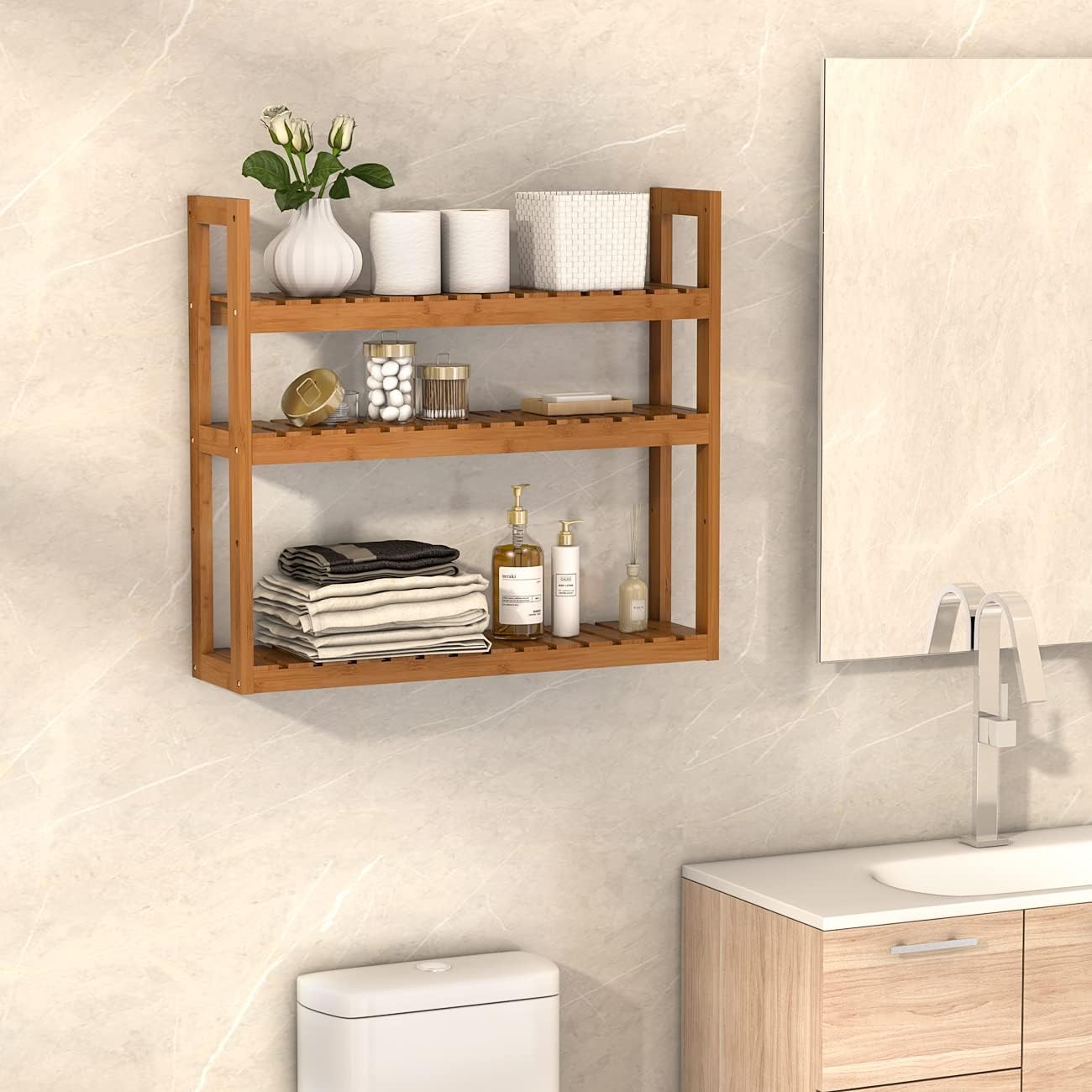 Estante bambú pared 3 niveles multifuncional para baño