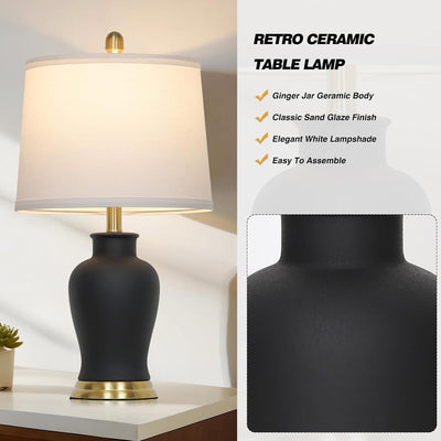 2 Lámparas Mesa Cerámica Negra 23pulg Diseño Tarro Jengibre