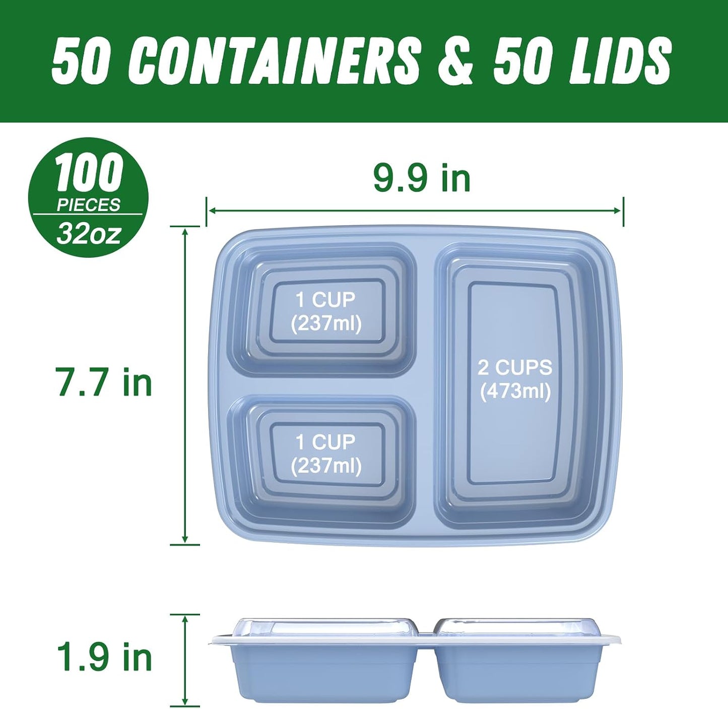 50 Pzas Recipientes 32oz 3 Compartimentos Reutilizables