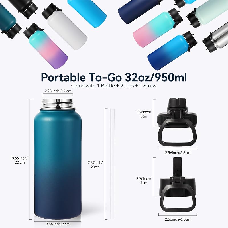 Botella agua acero inox 32oz con tapas pajita y boquilla