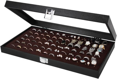 Caja exhibición anillos con vidrio negro 72 ranuras