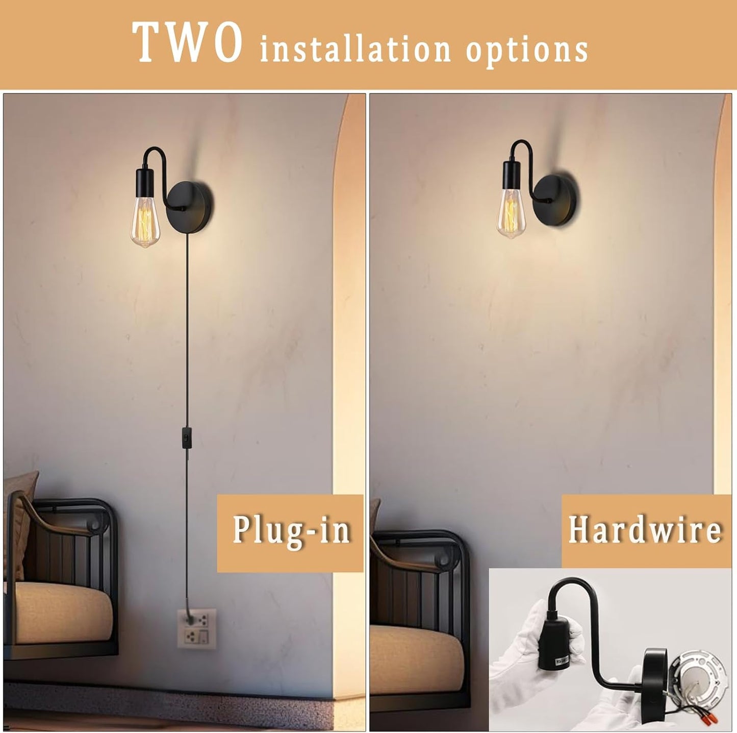 Aplique pared interruptor lámpara E26 metal negro