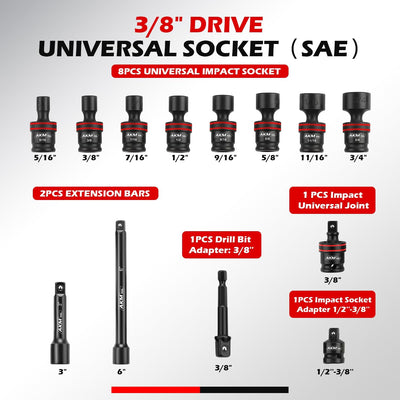 Set enchufes impacto universal 3/8 13 pzas SAE Cr-Mo