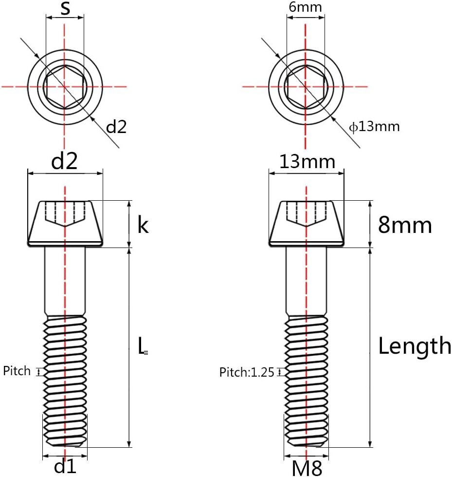 Tornillos titanio M8x45mm paso hexagonal Allen pack 4 negro