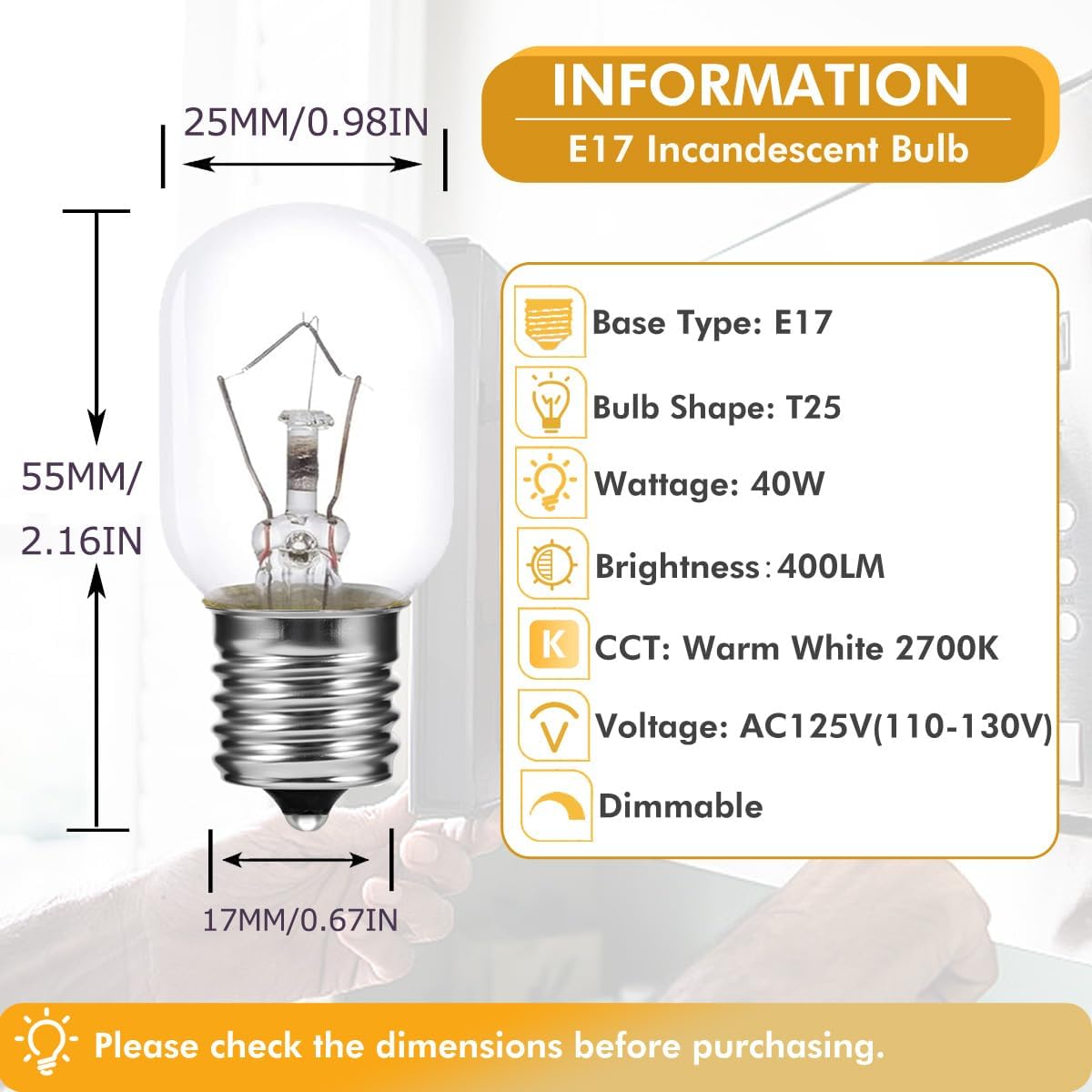 Bombilla microondas E17 T25 40W 125V luz blanca repuesto