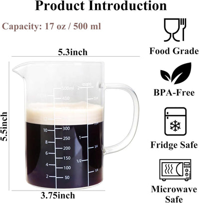 Vaso medidor vidrio borosilicato 16.9oz con asa tres escalas