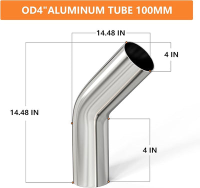 Tubo aluminio 45 grados para interenfriador 4" OD 4" pata