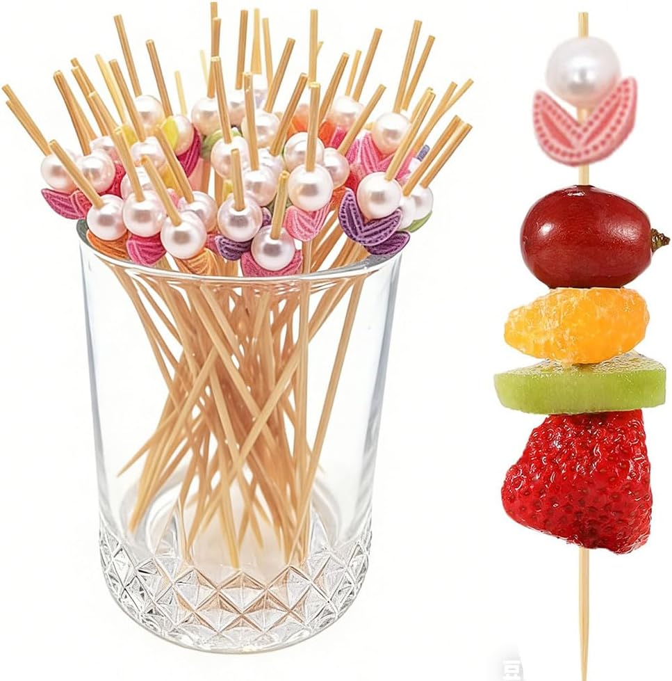 200 Palillos Dientes Flores Perlas para Fiesta Aperitivos