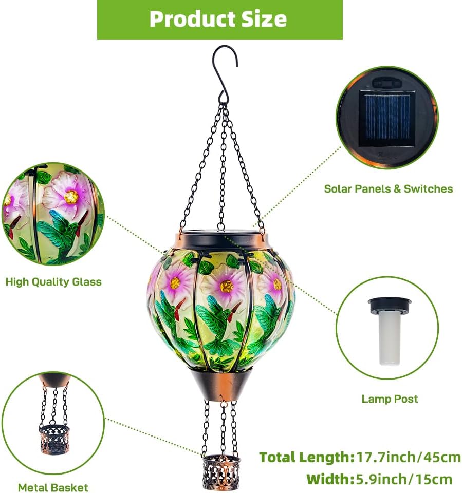 Linterna solar colibrí con luz parpadeante de metal y vidrio