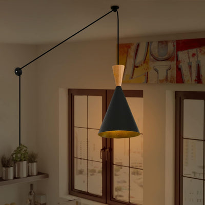 Lámpara colgante techo con cono metal y madera 11.5ft