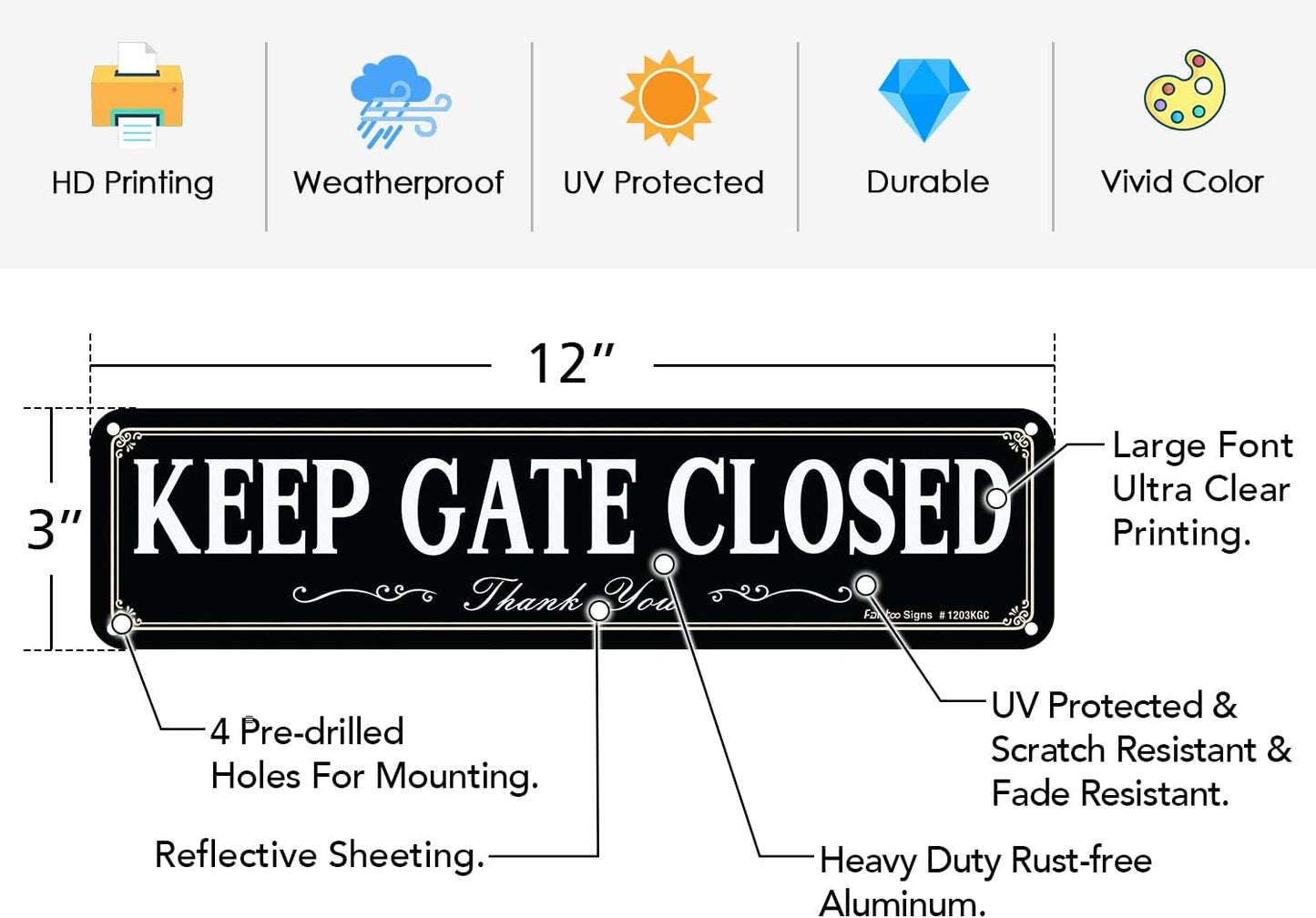 2 Letreros Reflectantes Aluminio 12x3pulg Keep Gate Closed