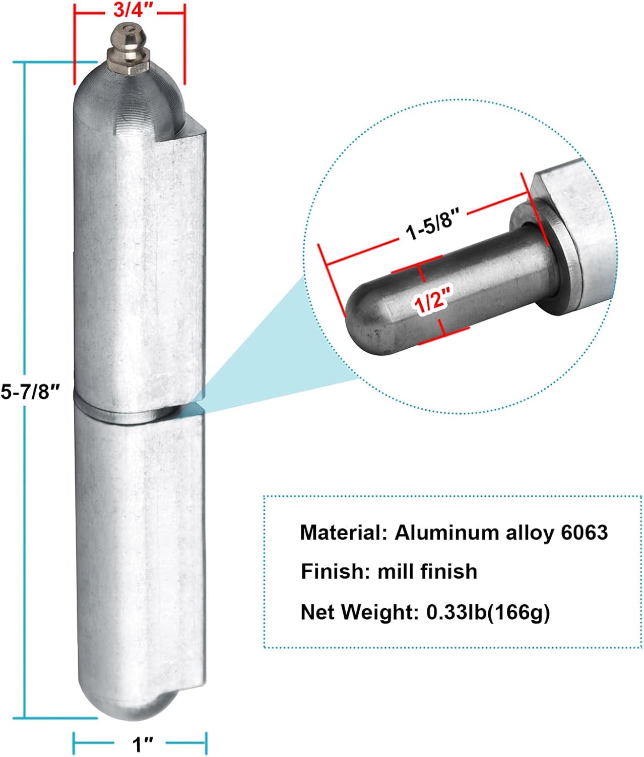 4 Bisagras Aluminio 6x3/4pulg con Grasa Zerk para Puerta Metal