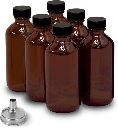6 Botellas Vidrio Ámbar 2oz con Tapas y Embudo