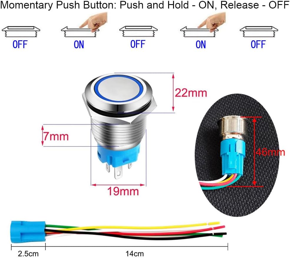 Botón momentáneo acero inox 0.75pulg 12v-24v led azul