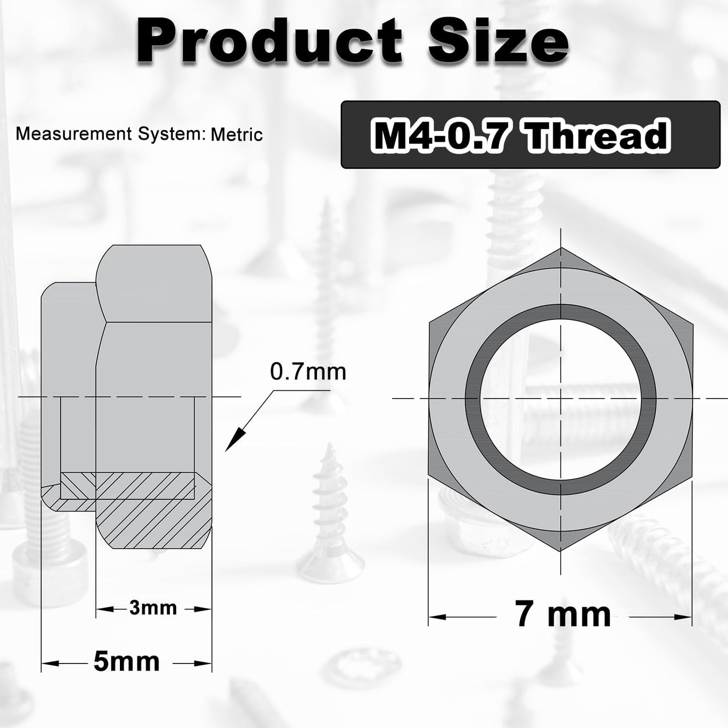 100 Pzas Tuercas Hex M4x0.7mm con Inserto Nylon