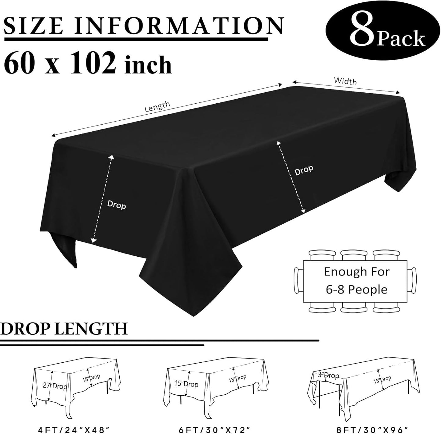 8 Manteles Negros 60x102pulg Rectangulares Poliéster