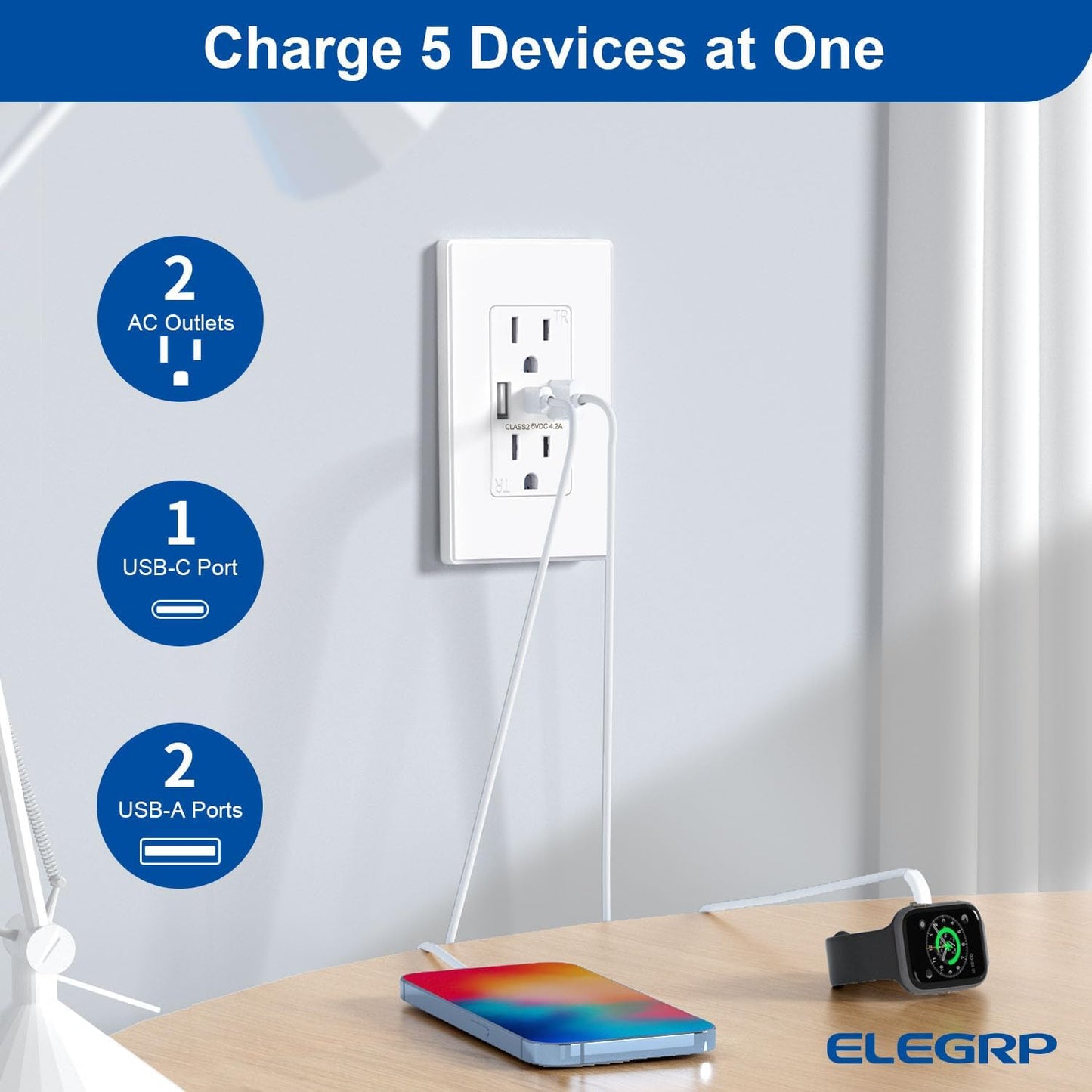 Toma pared USB C 3 puertos 15 A blanco resistente