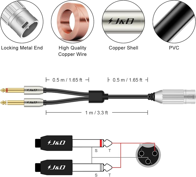 Cable micrófono 1/4 pulg a XLR con conector TS chapado oro 3.3 pies