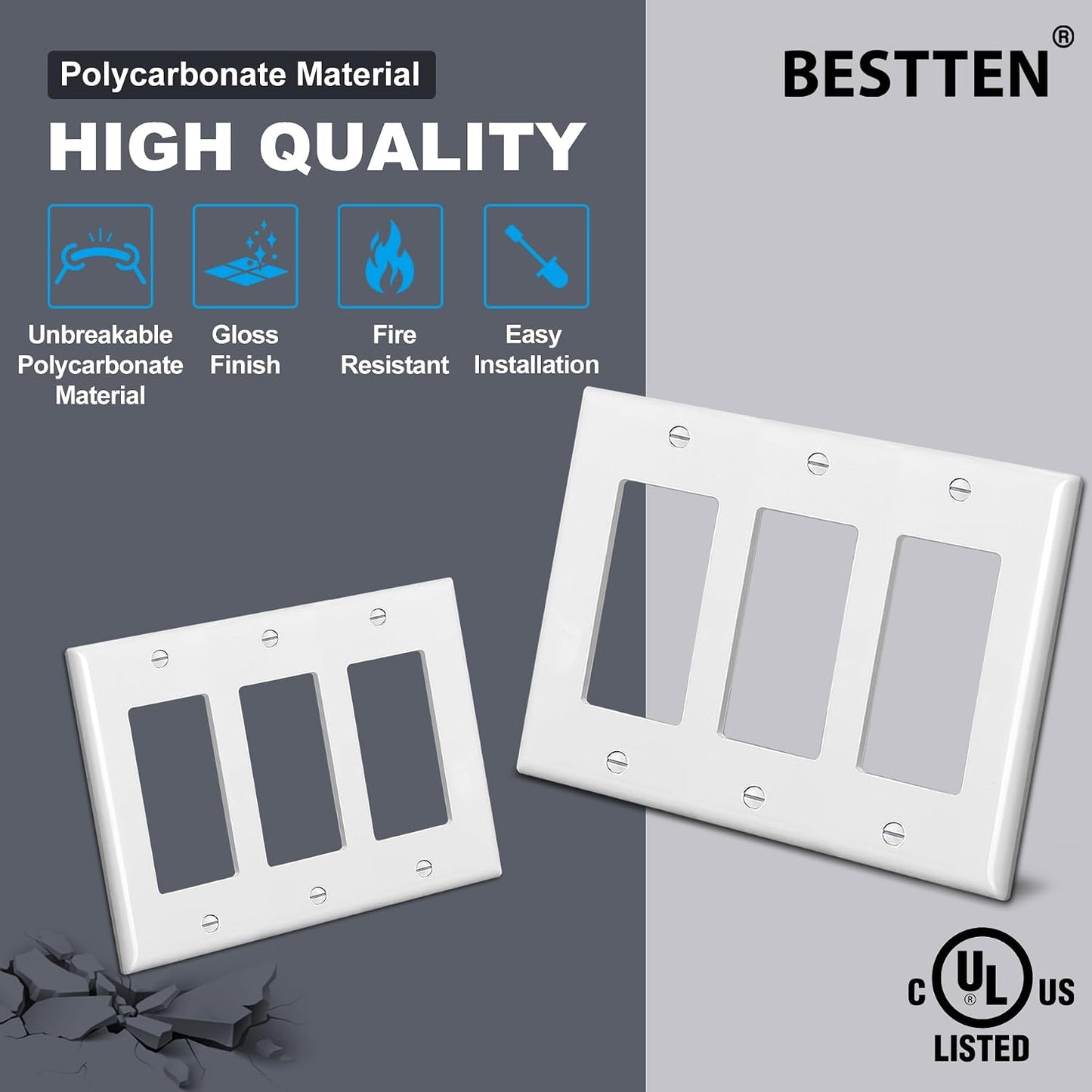 Placa pared 3 segmentos GFCI con cubierta atenuación 4.53x6.38pulg