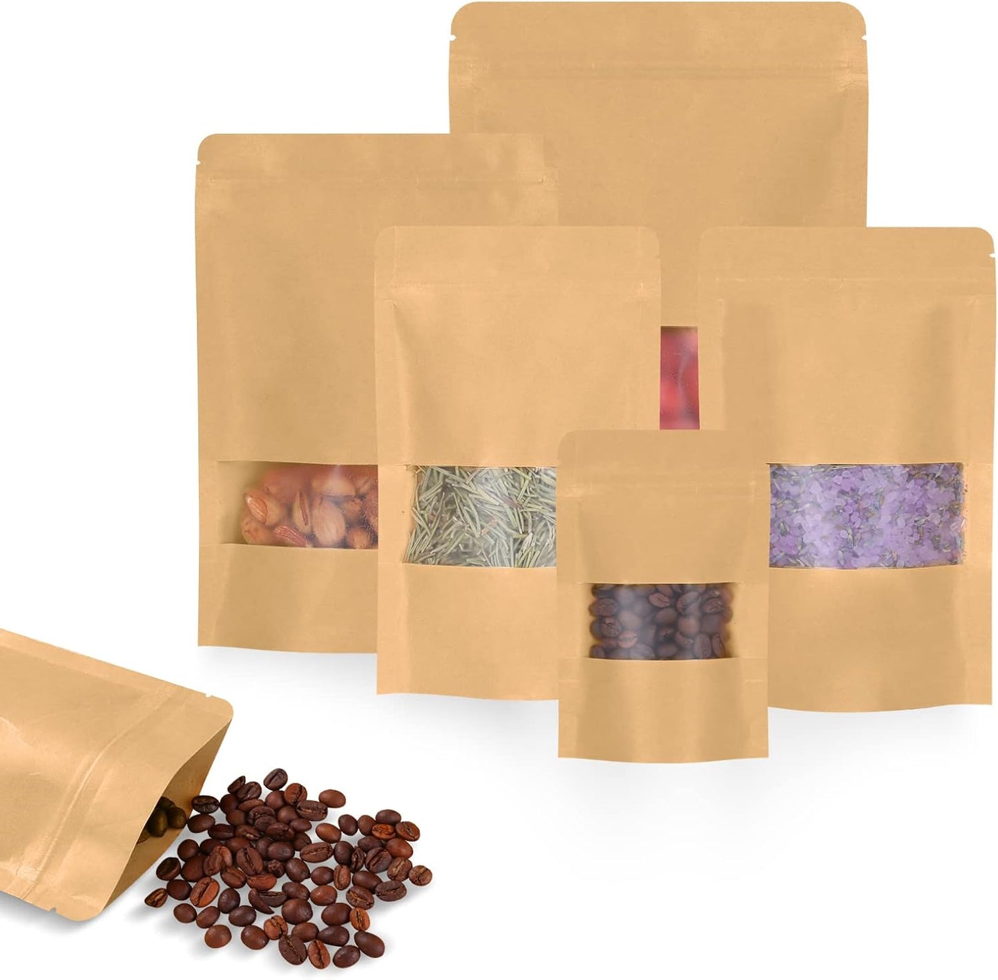 50 Bolsas Kraft con Ventana 4.7x7.8" Cierre Cremallera