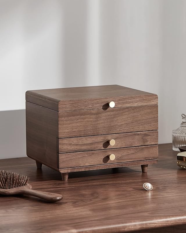 Joyero madera nogal negro 3 capas almacenamiento joyas mujer