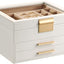 Caja joyas cuero PU 3 cajones con tapa vidrio