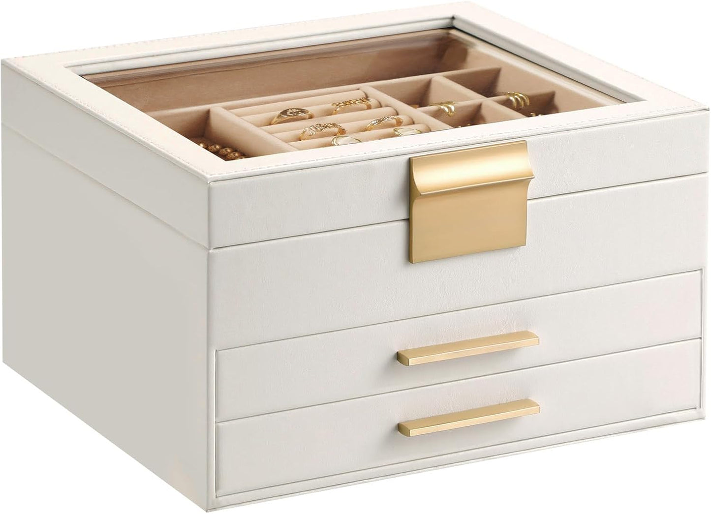 Caja joyas cuero PU 3 cajones con tapa vidrio