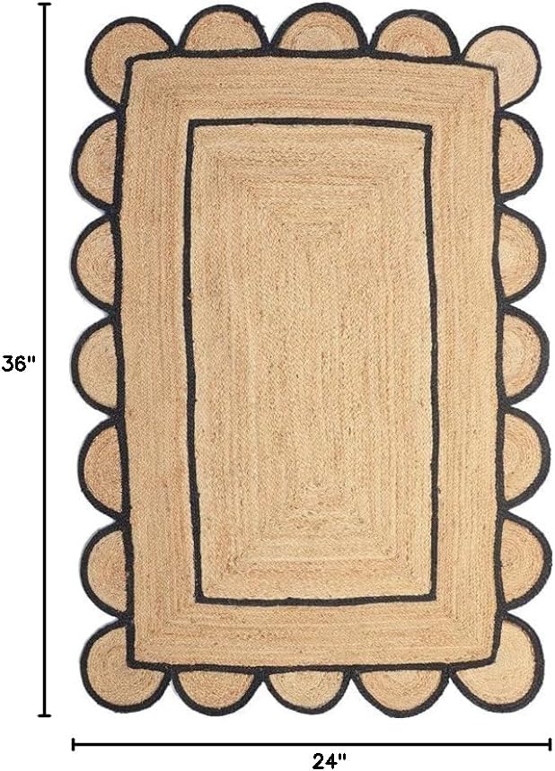 Alfombra yute festoneada tejida a mano ribete negro 2x3ft