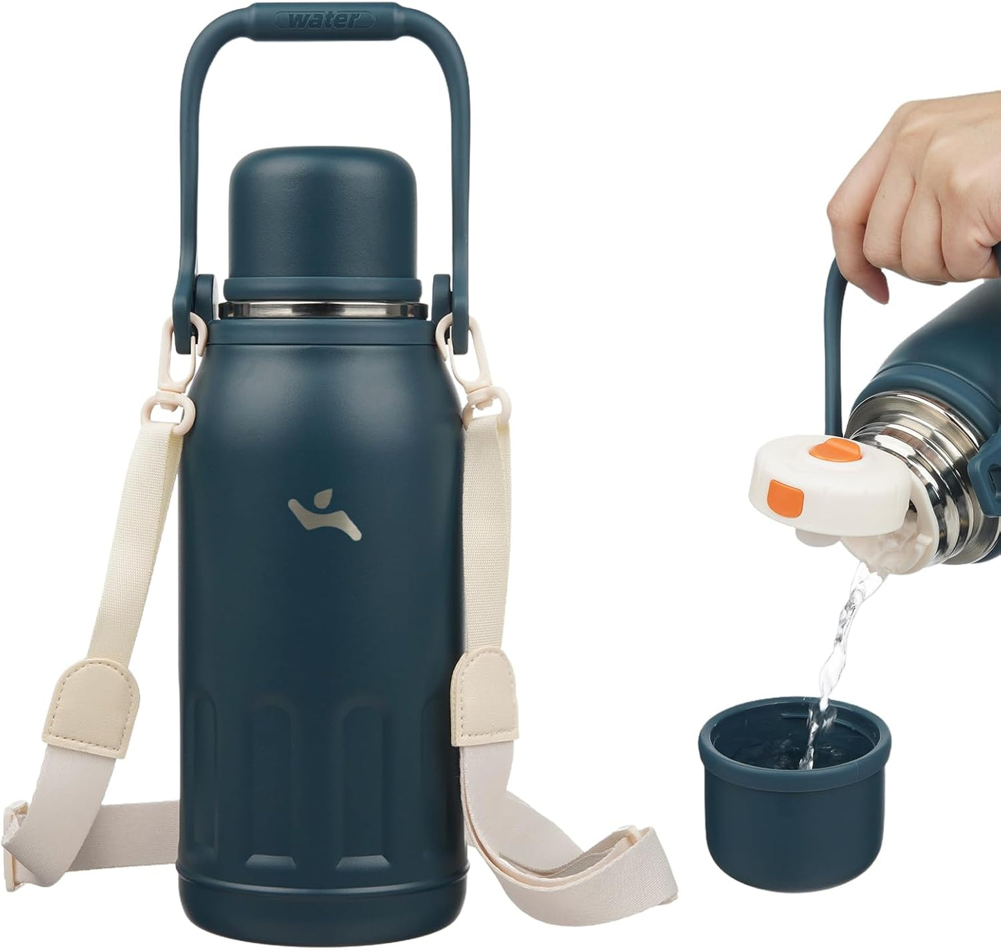 Botella agua aislada asa correa 40oz azul marino