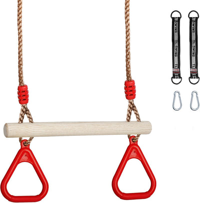 Barra trapecio madera anillos plástico cuerda ajustable