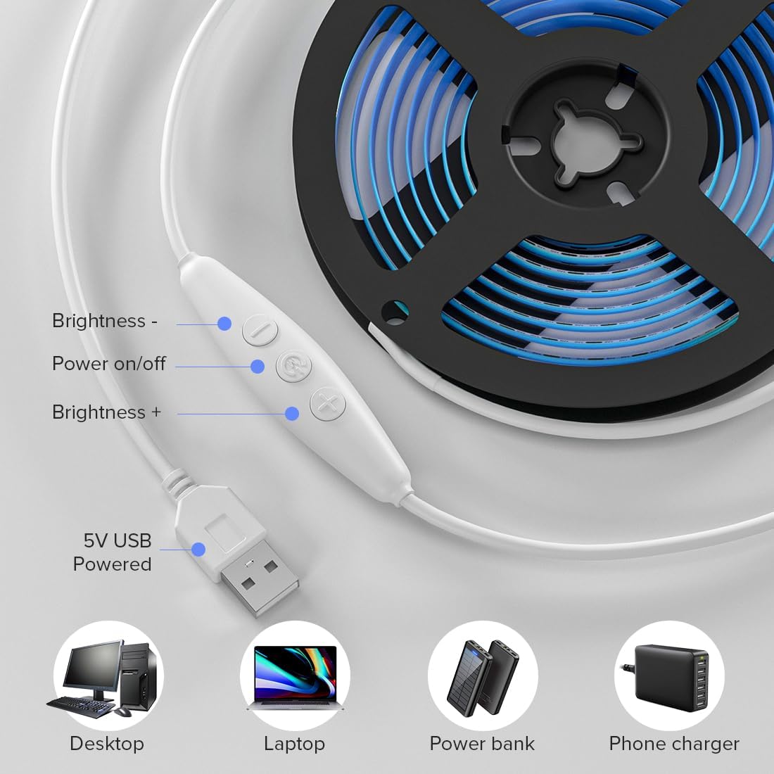 Tira luces LED USB 640 LED color azul hielo flexible