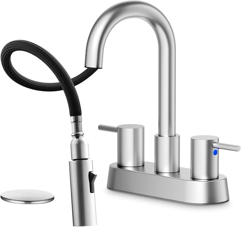 Grifo baño acero inox níquel cepillado rociador extraible 4"