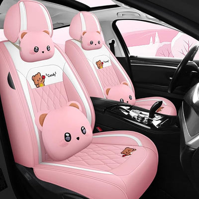 Set 5 Fundas Asiento Oso Dibujos Animados PU Rosa