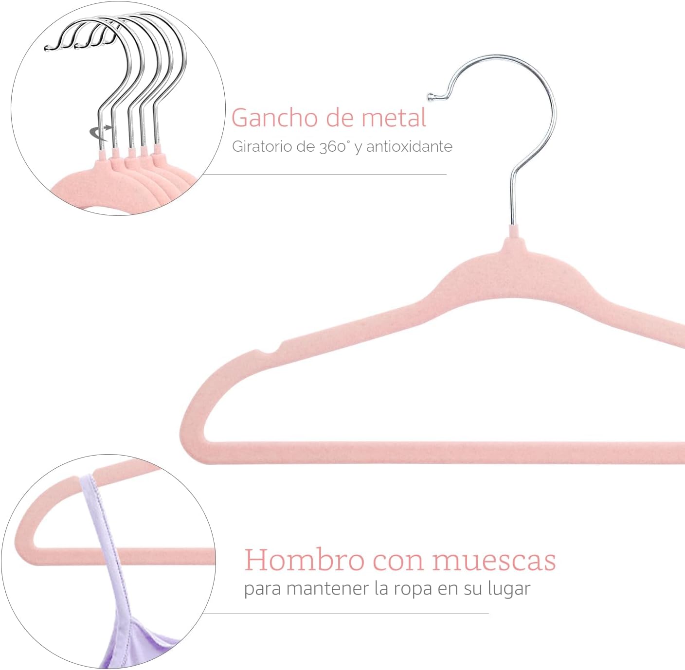 Perchas para bebé antiderrap pack 15 rosa claro
