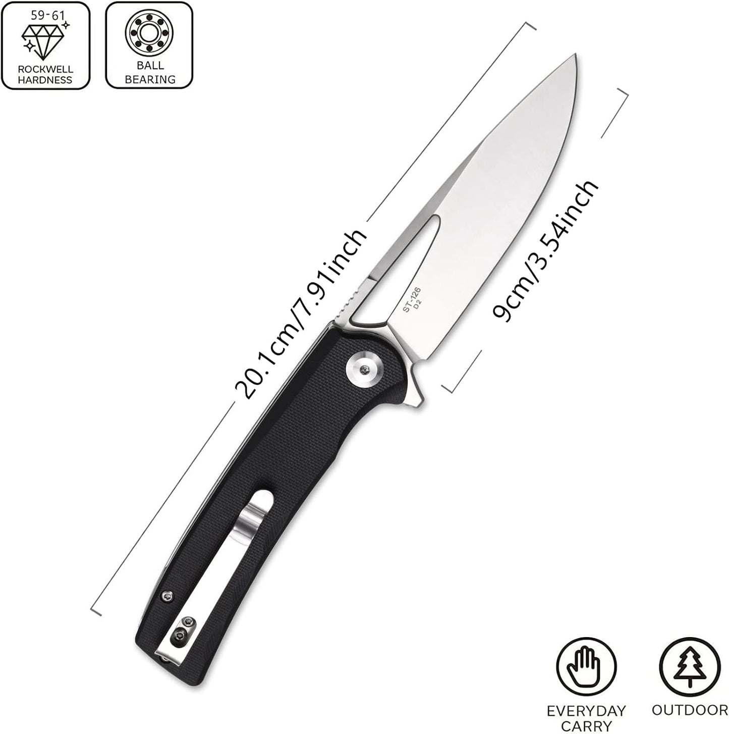 Cuchillo plegable ST126 D2 G10 clip bolsillo EDC negro