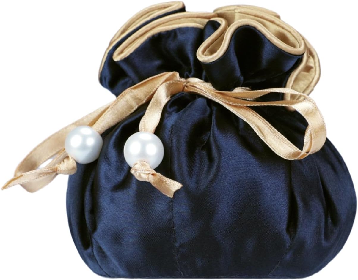 Bolsa satén con cordón joyas 8 bolsillos azul oscuro dorado