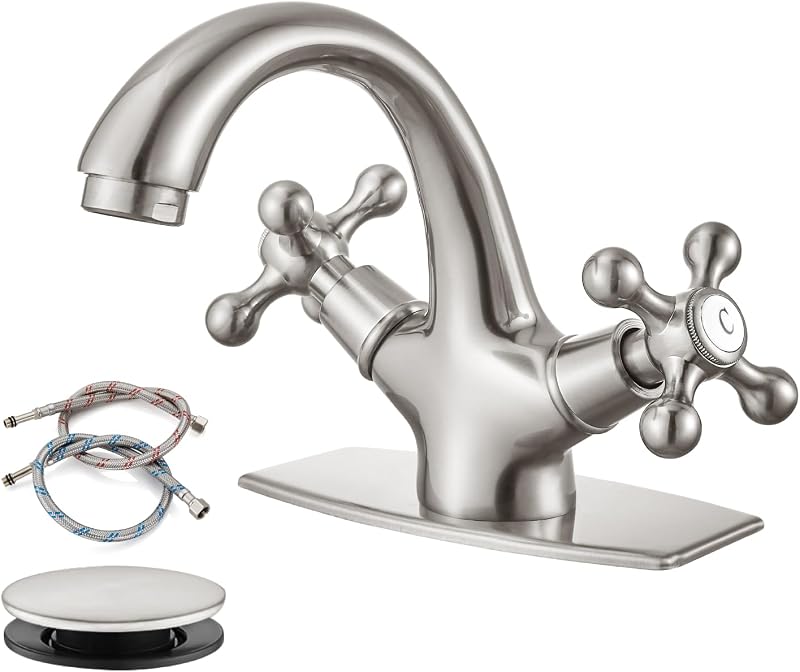 Grifo lavabo un solo agujero pomos cruzados níquel cepillado