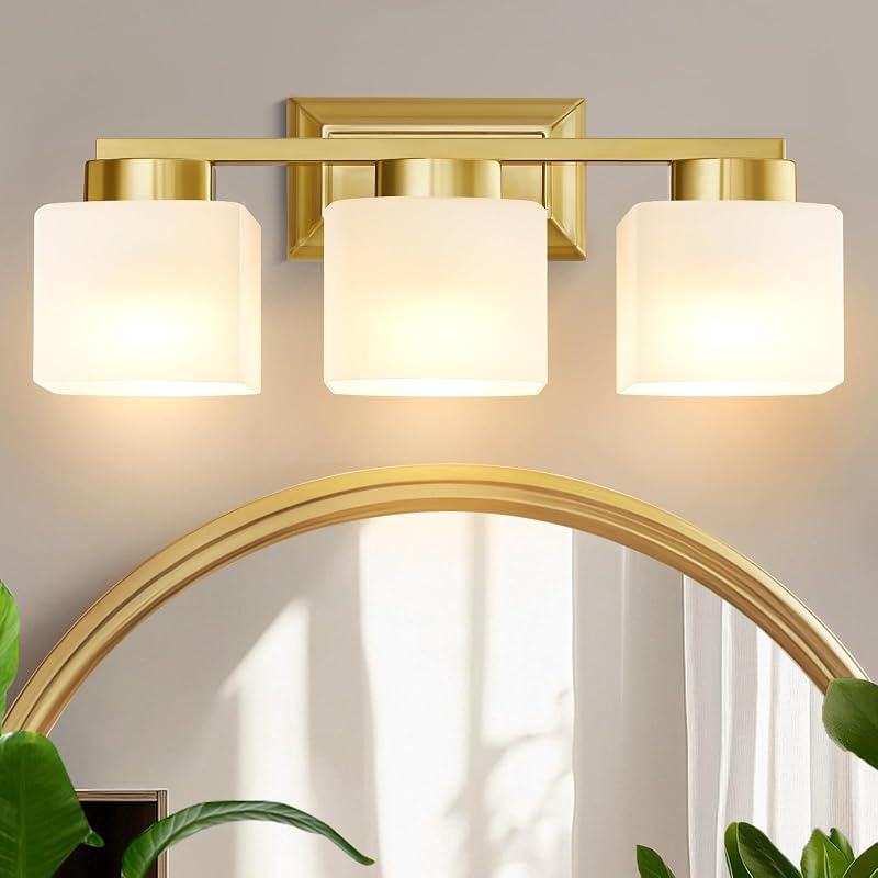 Lámpara baño 3 luces doradas pantalla vidrio moderna