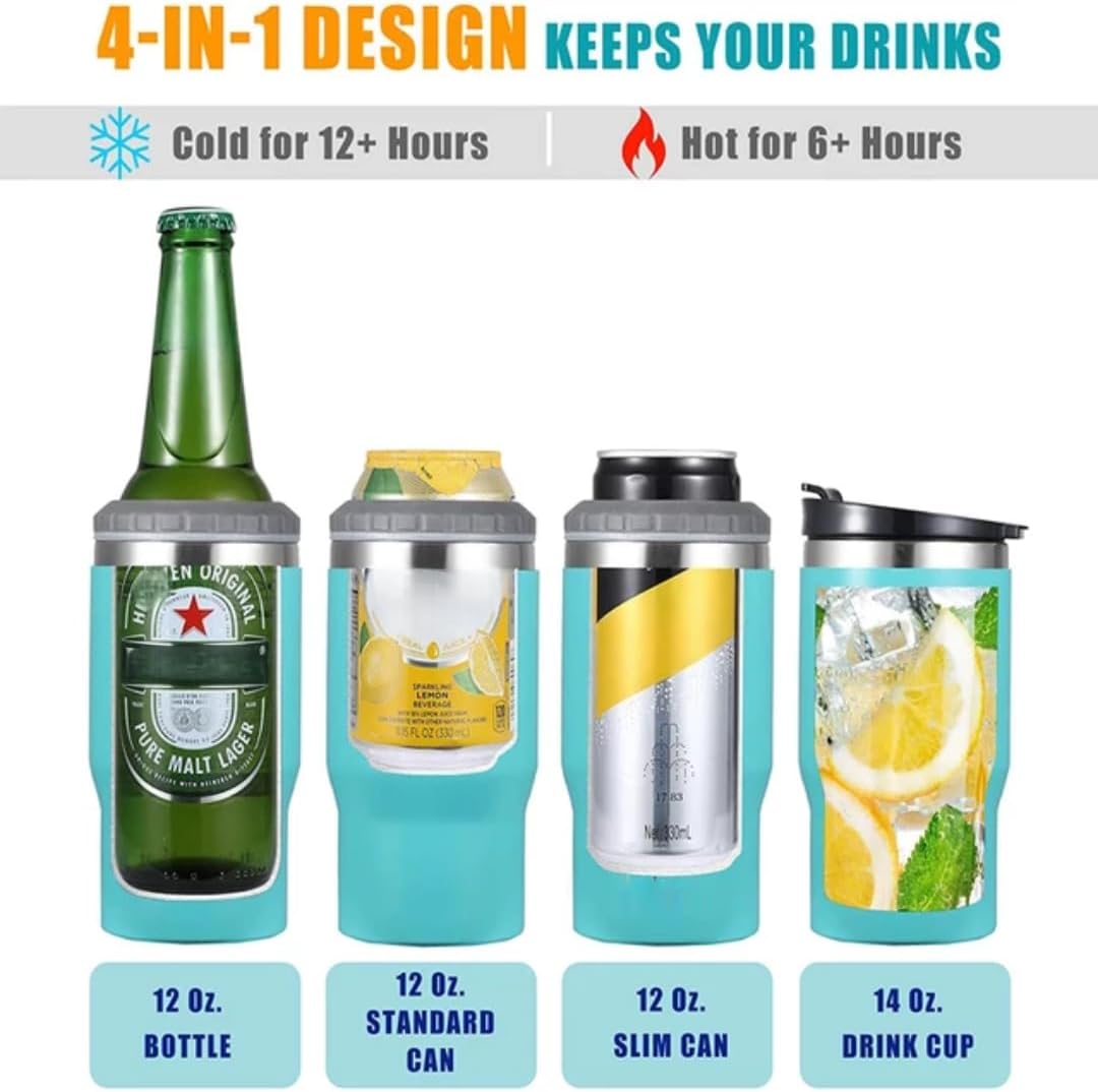 Aislador latas botellas acero inox 4en1 tapas 14oz azul