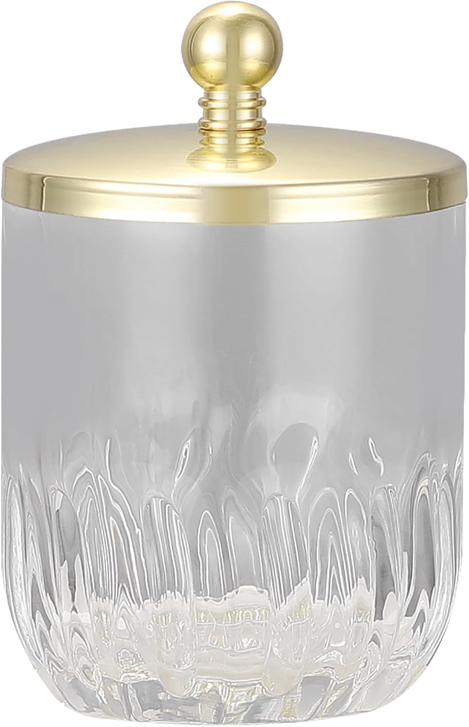 Tarro vidrio ondulado vertical con tapa metal dorado para baño