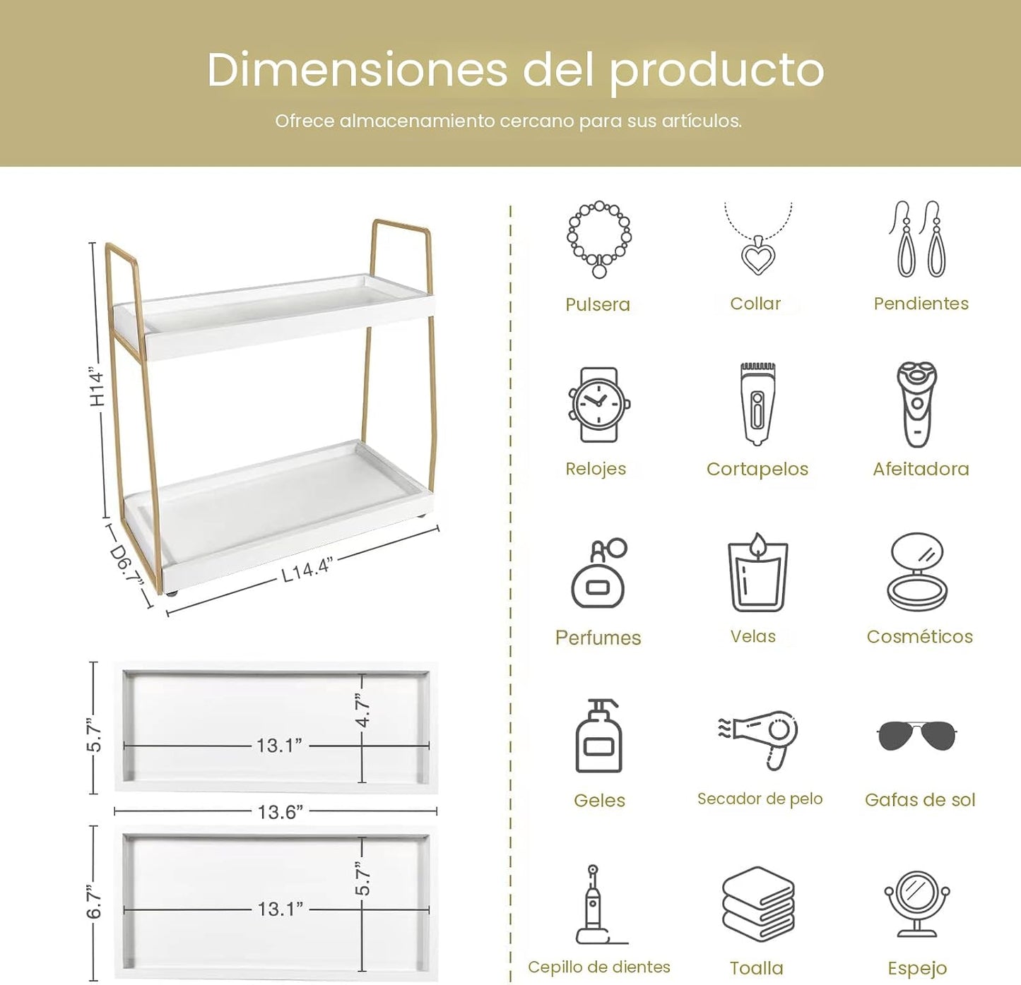 Organiz. baño estante madera para tocador y maquillaje